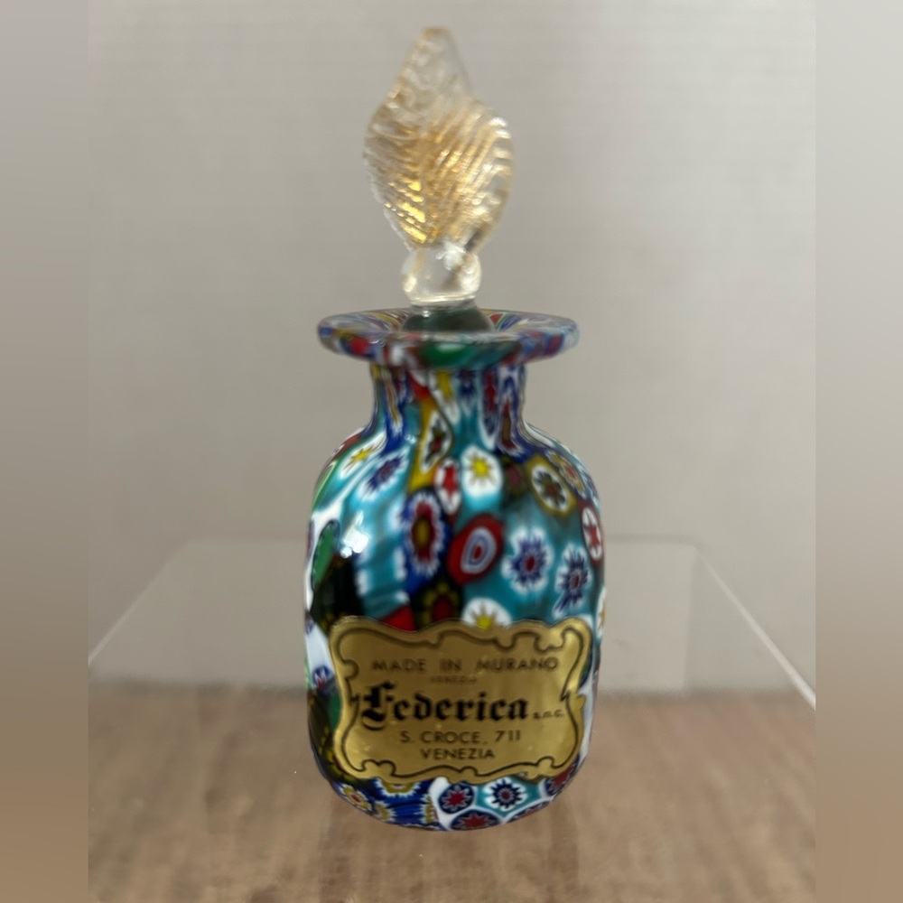 Vintage Murano Art Glass Millefiori Perfume Bottle. Original Sticker. 3 1/2” H